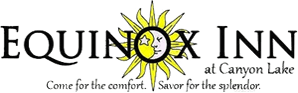 Logo of Equinox Inn at Canyon Lake featuring a sun and moon design with a tagline about comfort.