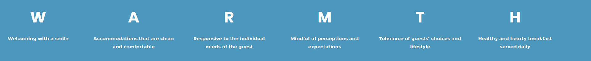 Text-based illustration of the word "WARMTH," highlighting hospitality qualities and services provided.