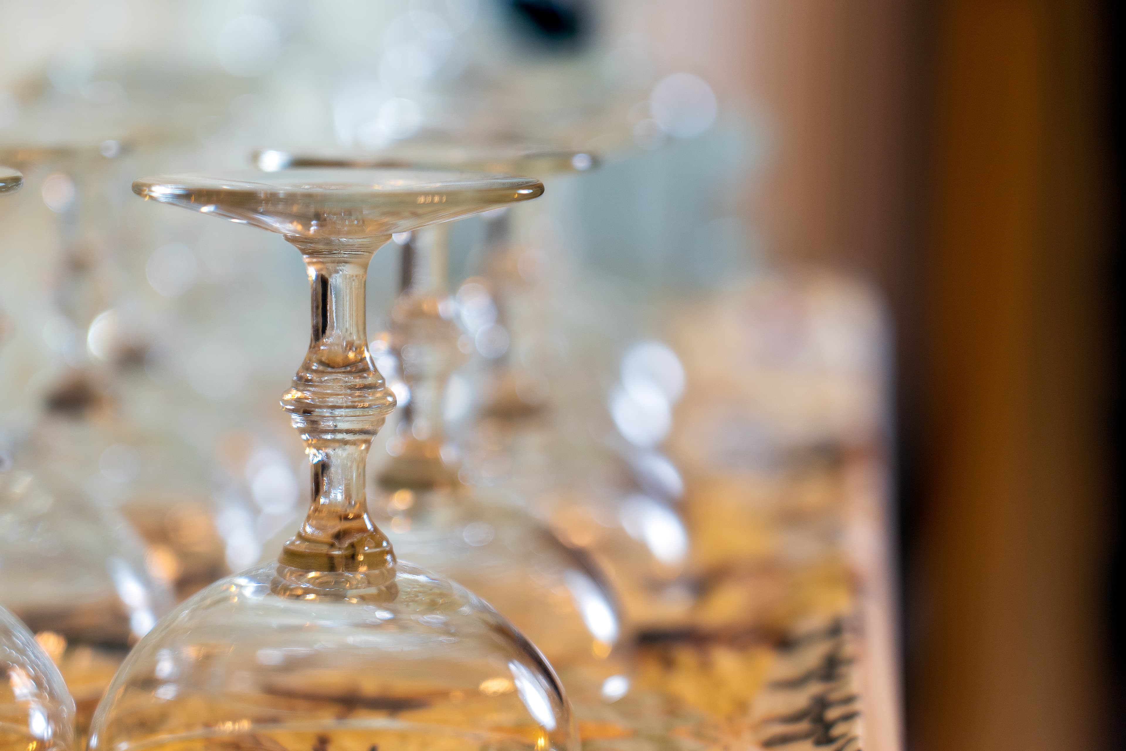A row of elegantly arranged glassware with sparkling stems and shallow bowls.